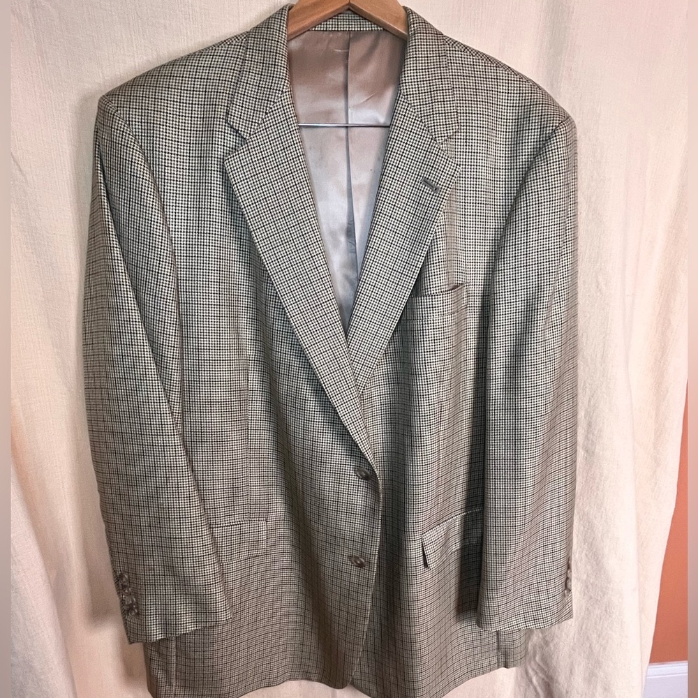 Hart Schaffner Marx Mens Check Prep Blazer Tan Brown Wool USA Union Made sz 48R